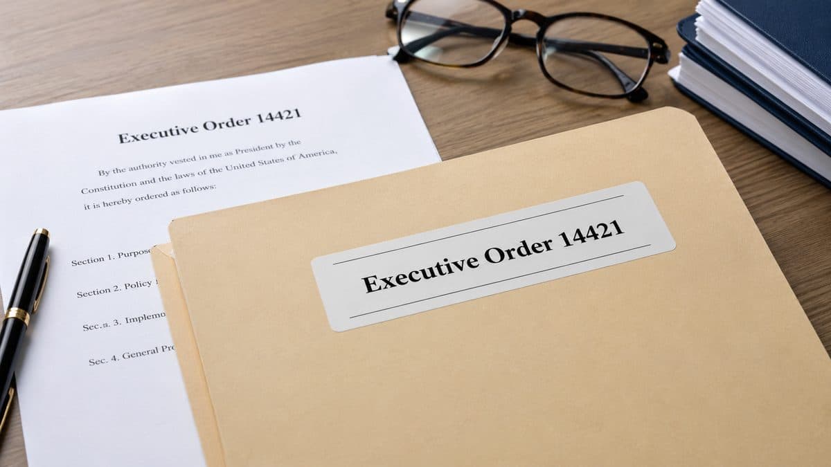 Manila folder labeled Executive Order 14421 with printed order pages, eyeglasses, and notebooks on a wooden desk