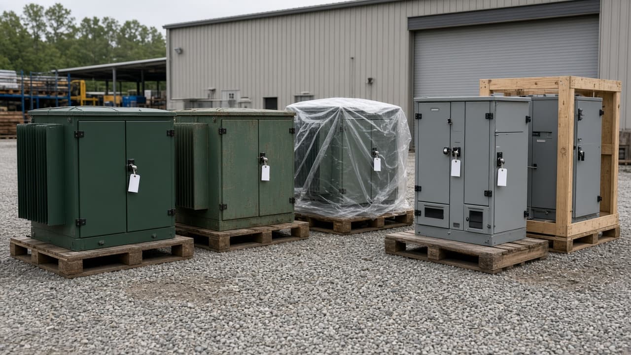 Pad-mounted transformers and metal-enclosed switchgear in different conditions, some weathered, one wrapped in plastic and one crated, staged on pallets in an equipment yard with blank inventory tags.