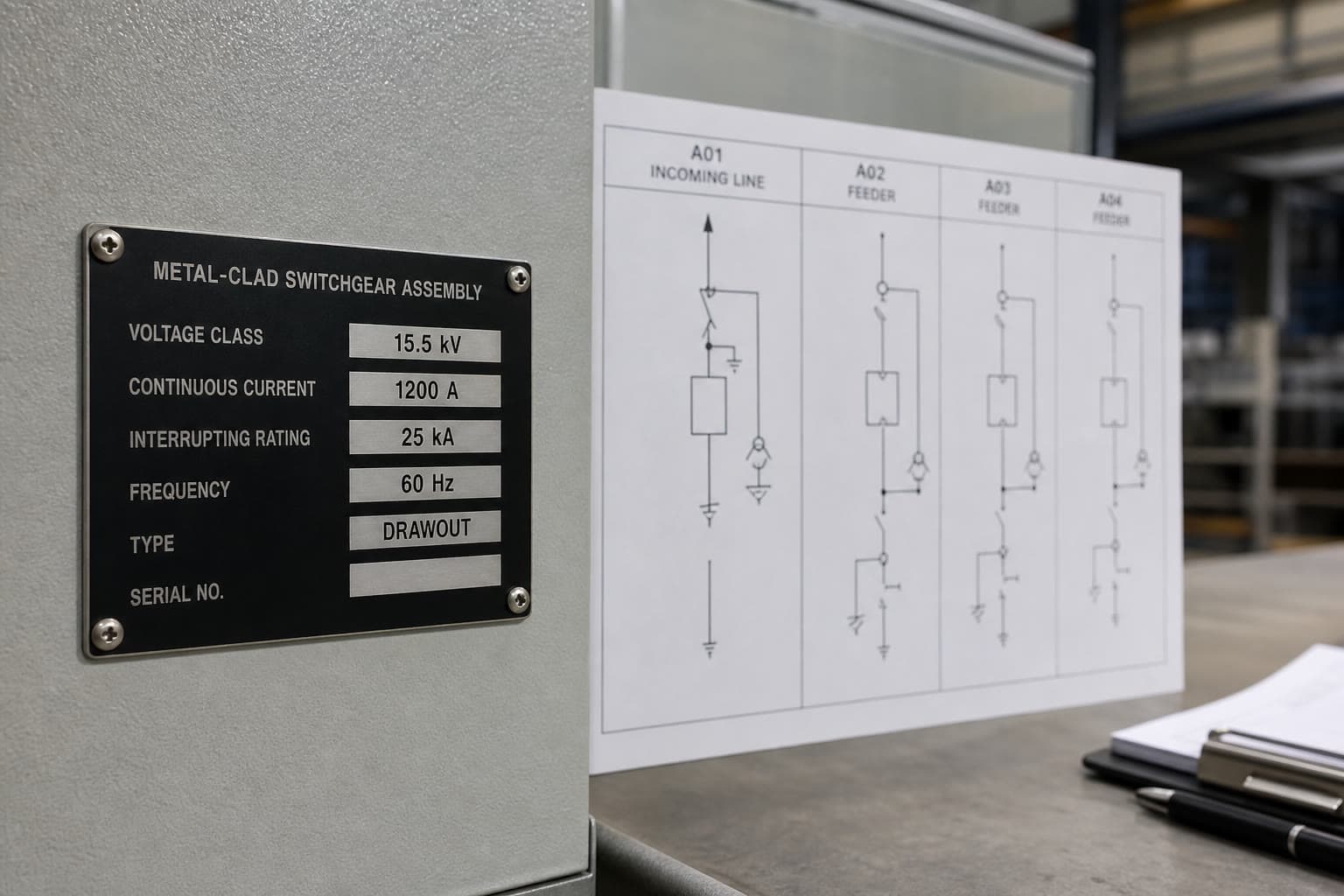 Medium-voltage metal-clad switchgear assembly nameplate beside a one-line diagram with overlay text "Send what you know."
