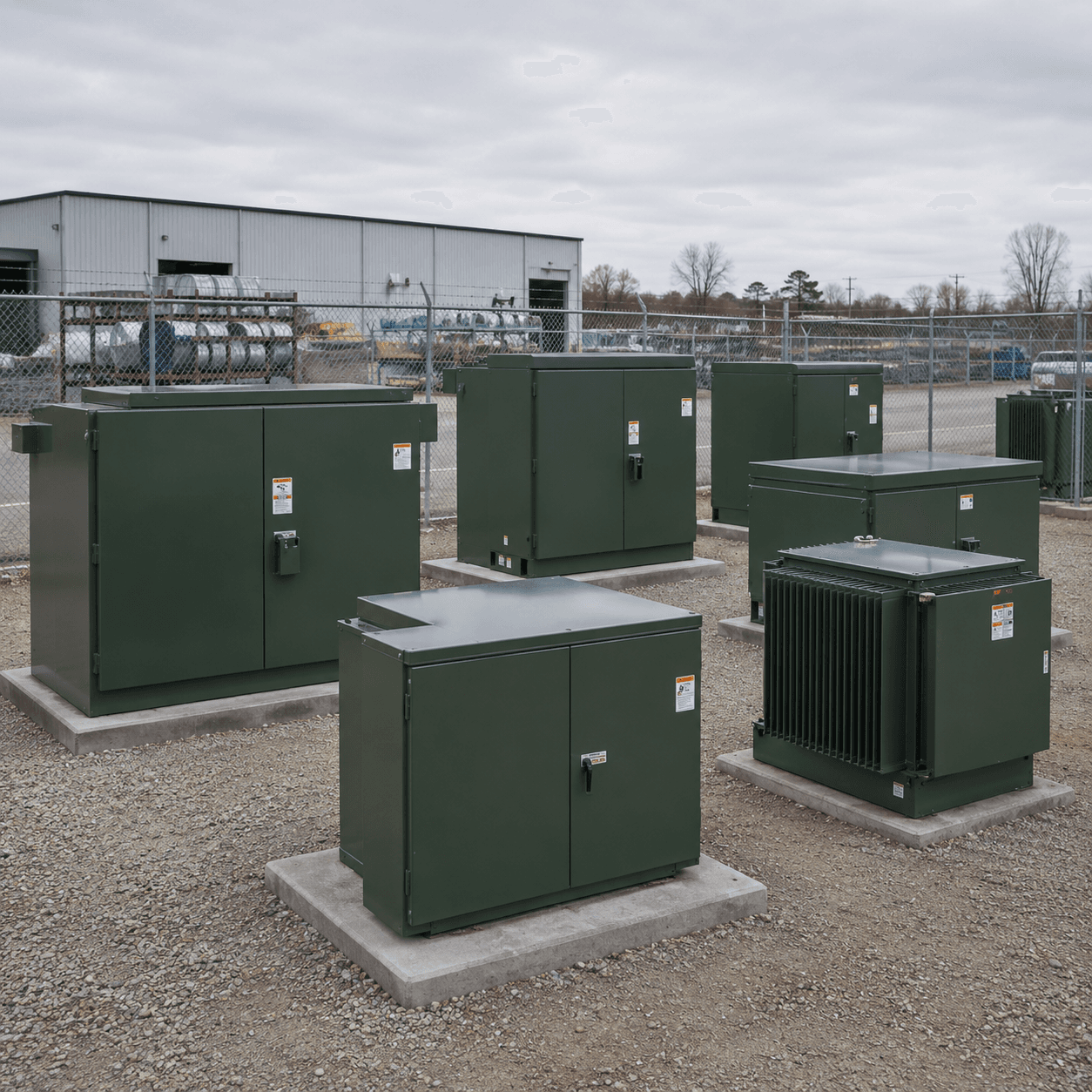 Padmount transformers in an electrical equipment yard