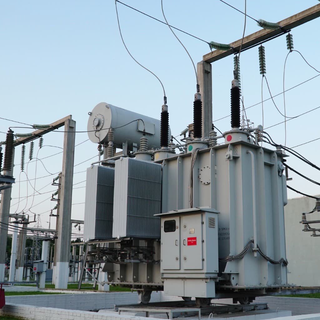 High-voltage power transformer at an outdoor electrical substation